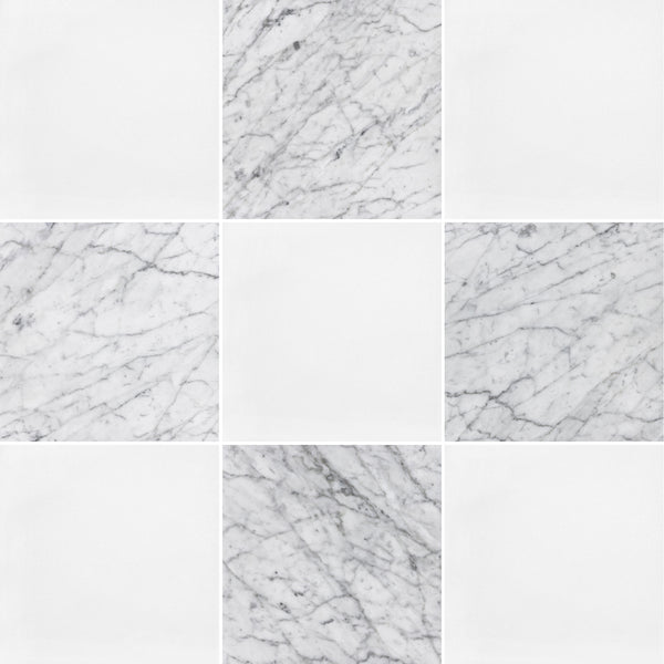 White Thassos & Bianco Carrara 12" Checkerboard Honed