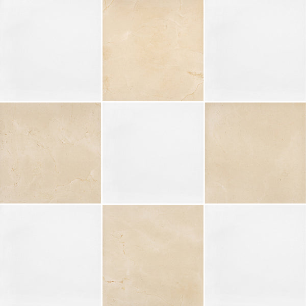 White Thassos & Crema Marfil 12" Checkerboard Honed