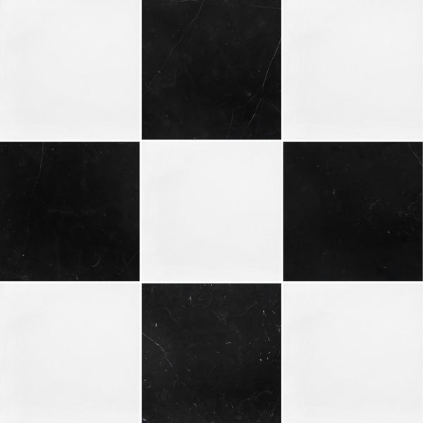 White Thassos & Black Marble 12" Checkerboard Honed