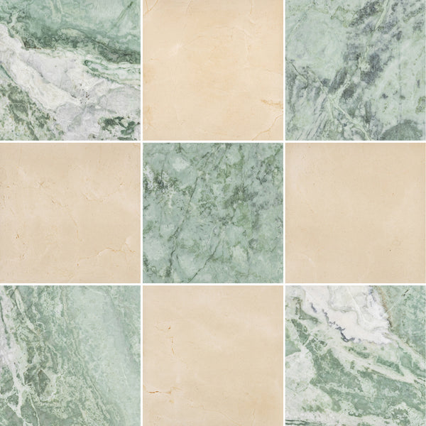 Emerald Green & Crema Marfil 12" Checkerboard Honed