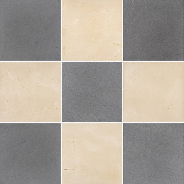Grey Basalt & Crema Marfil 12" Checkerboard Honed