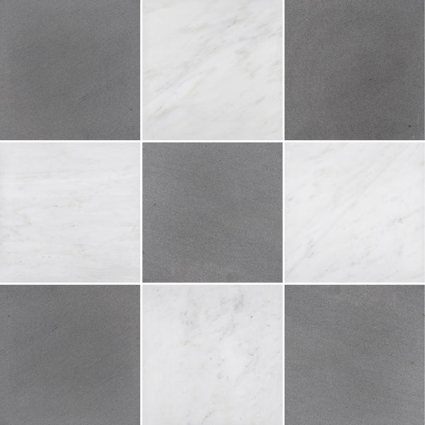 Grey Basalt & Pearl White 12" Checkerboard Honed
