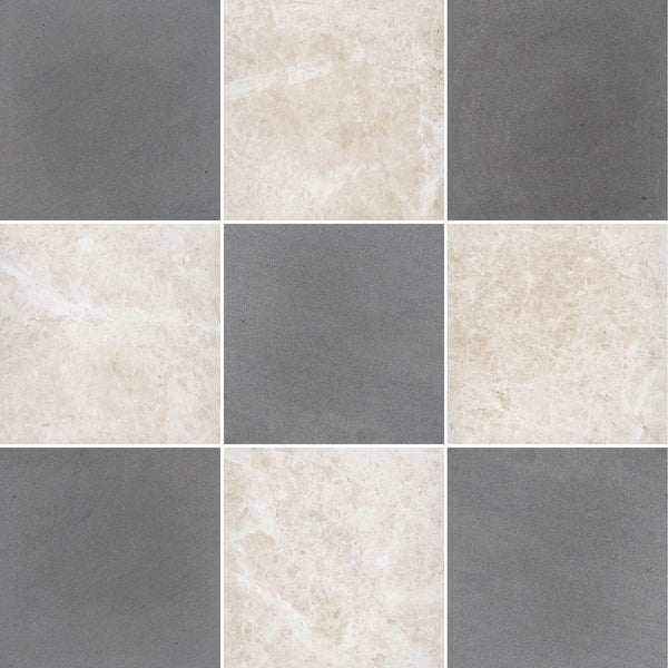 Grey Basalt & Vanilla Royale 12" Checkerboard Honed
