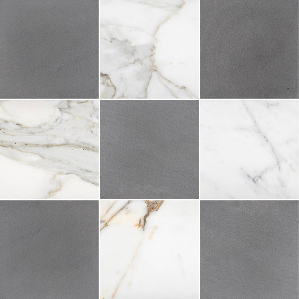 Grey Basalt & Calacatta Gold 12" Checkerboard Honed