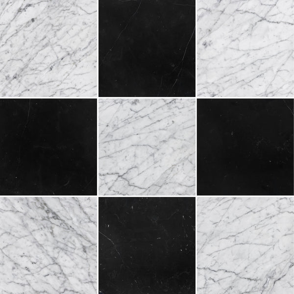 Bianco Carrara & Black Marble 12" Checkerboard Honed