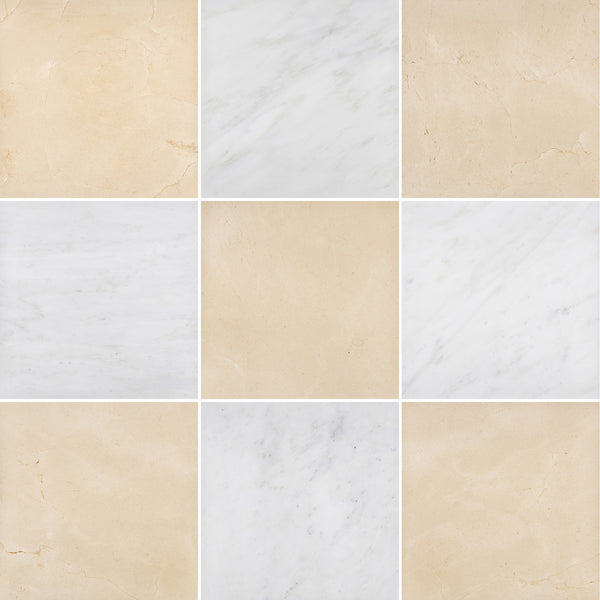 Crema Marfil & Pearl White 12" Checkerboard Honed