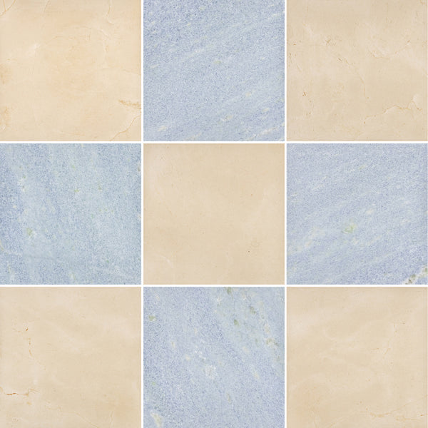 Crema Marfil & Blue Celeste 12" Checkerboard Honed