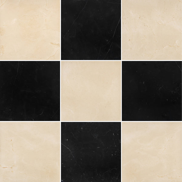 Crema Marfil & Black Marble 12" Checkerboard Honed