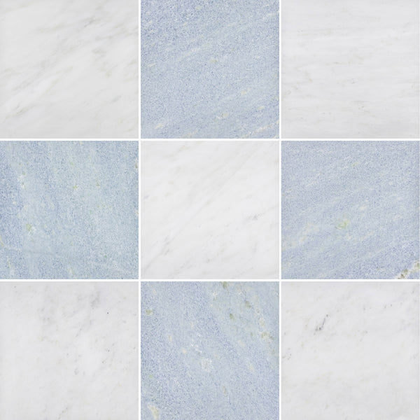 Pearl White & Blue Celeste 12" Checkerboard Honed