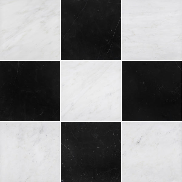 Pearl White & Black Marble 12" Checkerboard Honed