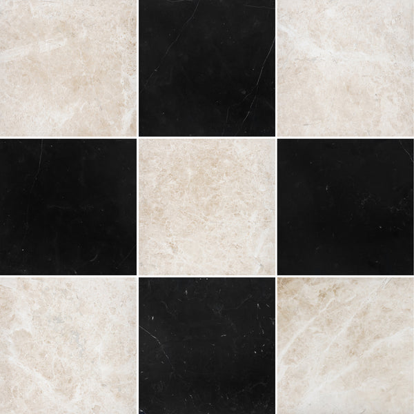 Vanilla Royale & Black Marble 12" Checkerboard Honed