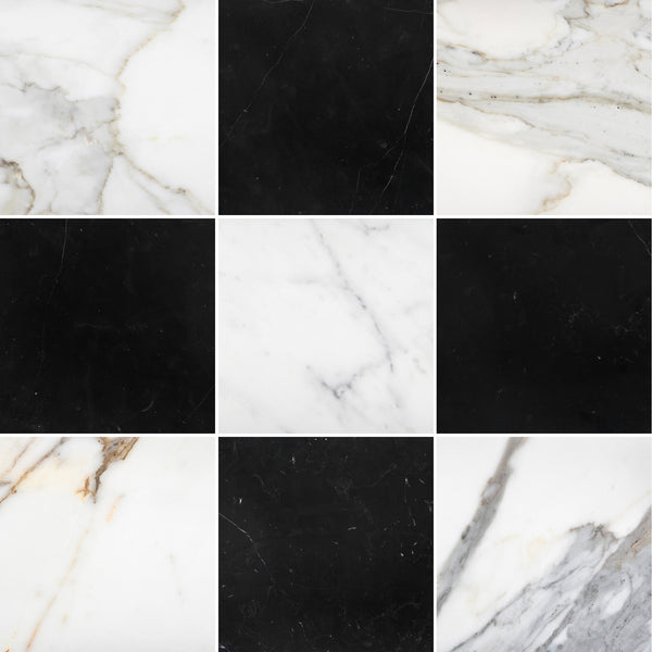 Calacatta Gold & Black Marble 12" Checkerboard Honed