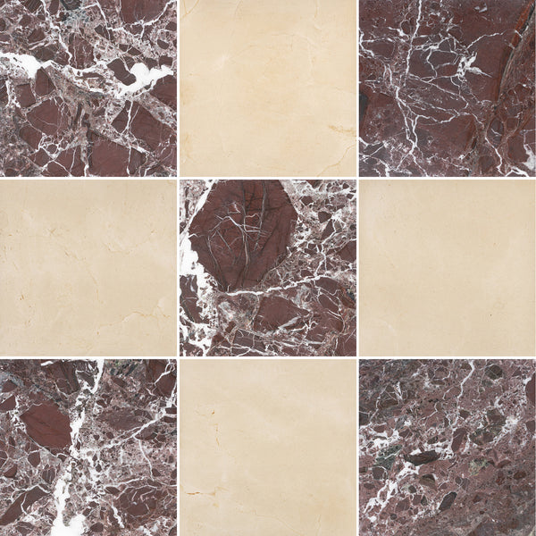 Rosso Levanto & Crema Marfil 12" Checkerboard Honed