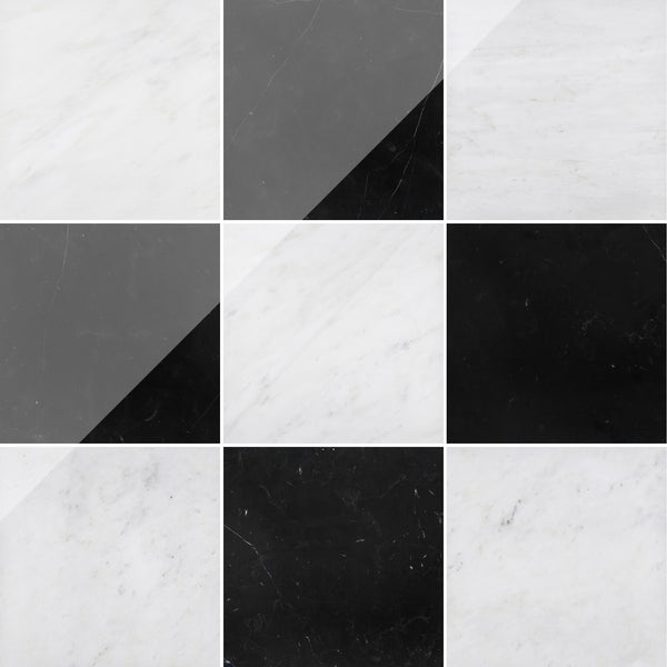 Pearl White & Black Marble 12" Checkerboard Polished