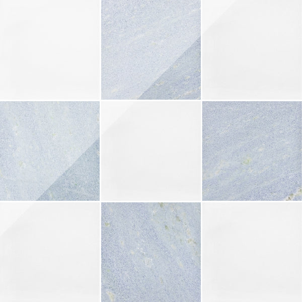 White Thassos & Blue Celeste 12" Checkerboard Polished