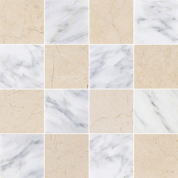 Crema Marfil & Pearl White 4" Checkerboard Honed
