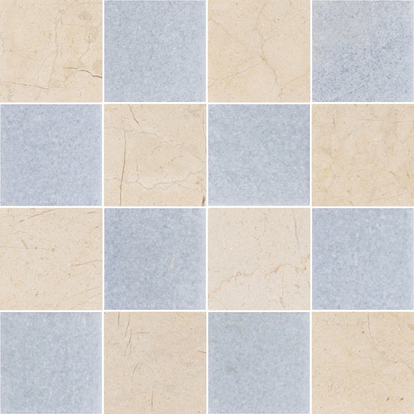 Crema Marfil & Blue Celeste 4" Checkerboard Honed