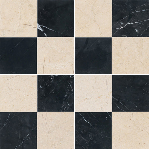 Crema Marfil & Black Marble 4" Checkerboard Honed