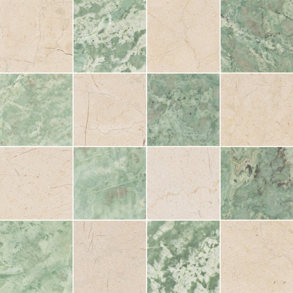 Crema Marfil & Emerald Green 4" Checkerboard Honed