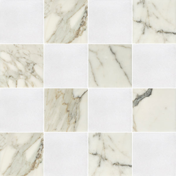 White Thassos & Calacatta Gold 4" Checkerboard Honed