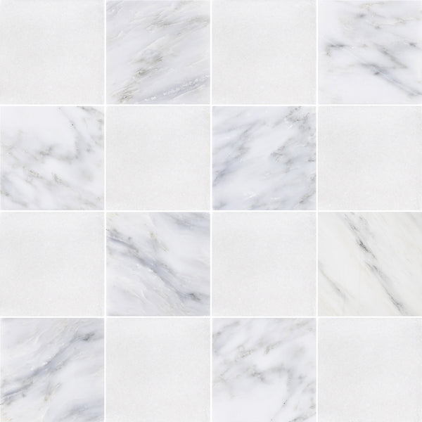 White Thassos & Pearl White 4" Checkerboard Honed