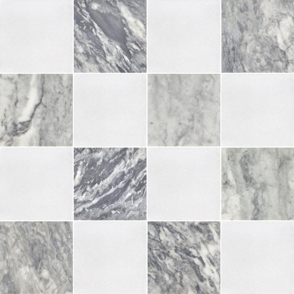 White Thassos & Bardiglio Nuvolato 4" Checkerboard Honed