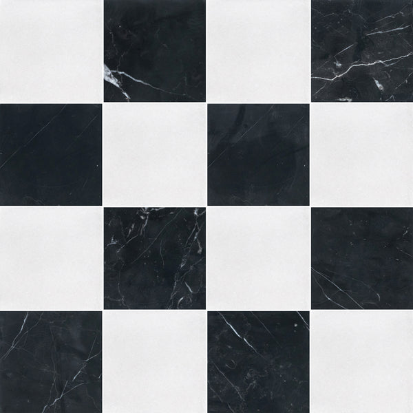 White Thassos & Black Marble 4" Checkerboard Honed