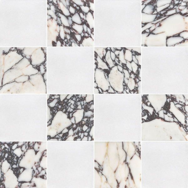 White Thassos & Bianco Violetta 4" Checkerboard Honed