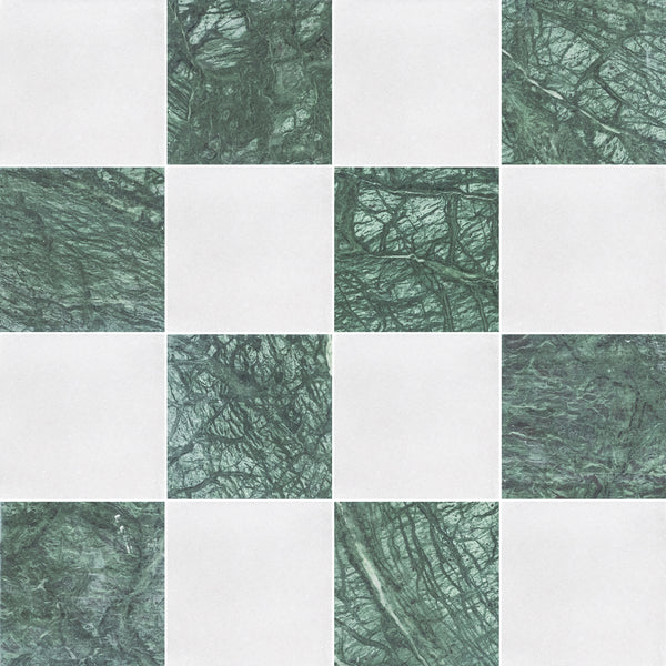 White Thassos & Notte Verde 4" Checkerboard Honed