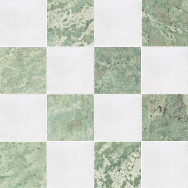 White Thassos & Emerald Green 4" Checkerboard Honed