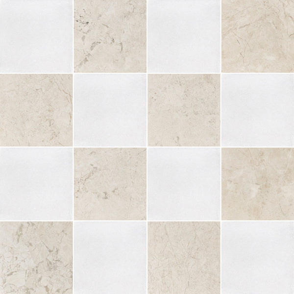 White Thassos & Vanilla Royale 4" Checkerboard Honed