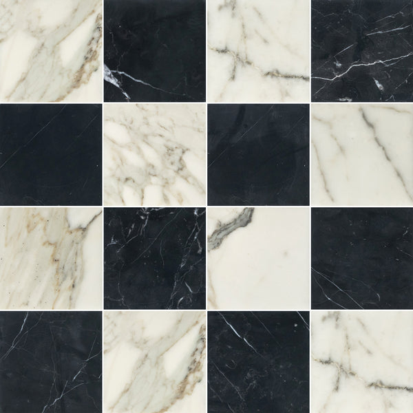 Calacatta Gold & Black Marble 4" Checkerboard Honed