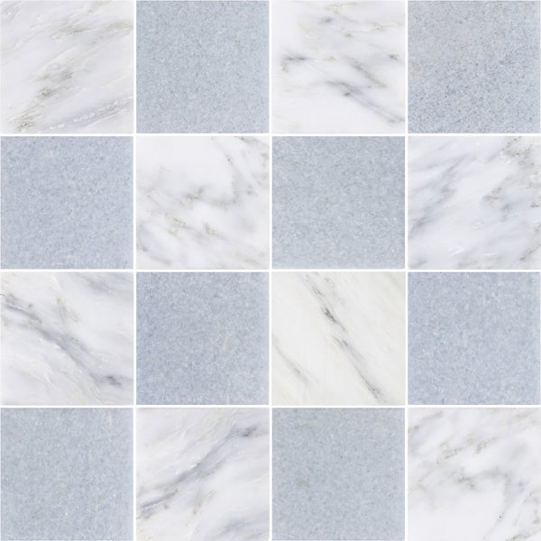 Pearl White & Blue Celeste 4" Checkerboard Honed
