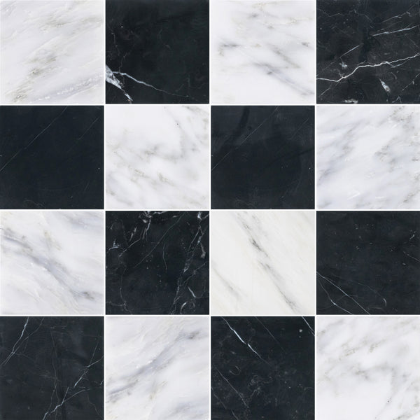 Pearl White & Black Marble 4" Checkerboard Honed