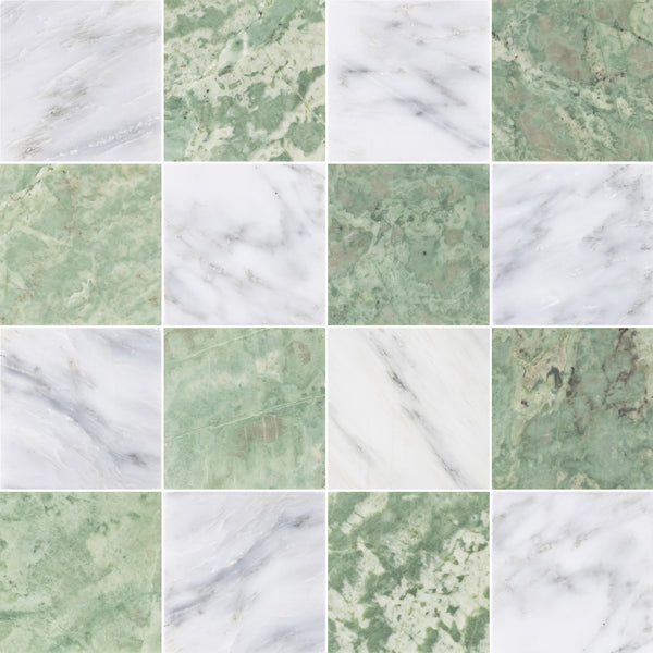 Pearl White & Emerald Green 4" Checkerboard Honed