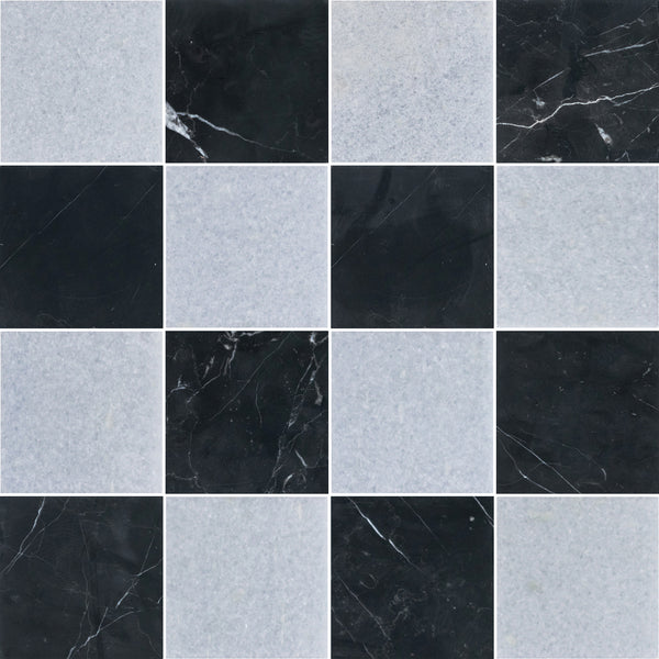 Blue Celeste & Black Marble 4" Checkerboard Honed