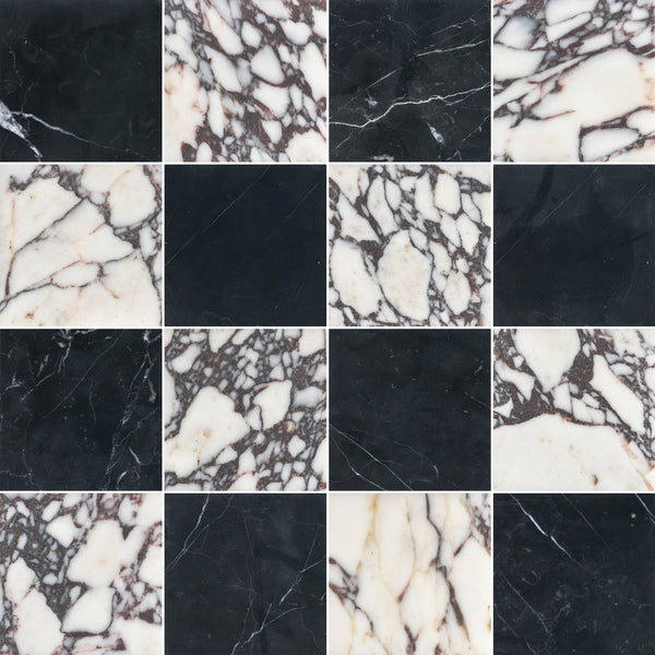 Black Marble & Bianco Violetta 4" Checkerboard Honed