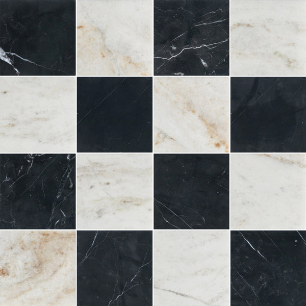 Black Marble & Bianco Oro 4" Checkerboard Honed