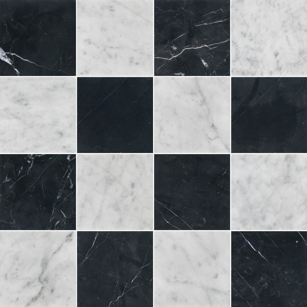 Black Marble & Bianco Carrara 4" Checkerboard Honed