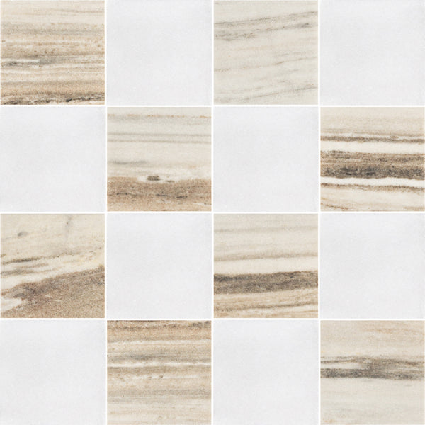 Cinnamon Beige & White Thassos 4" Checkerboard Honed