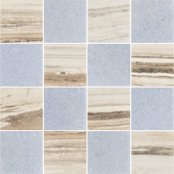 Cinnamon Beige & Blue Celeste 4" Checkerboard Honed
