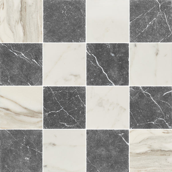 Calacatta Gold & Black Marble 4" Checkerboard Tumbled