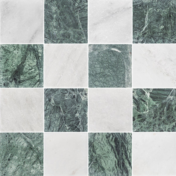 Pearl White & Notte Verde 4" Checkerboard Tumbled