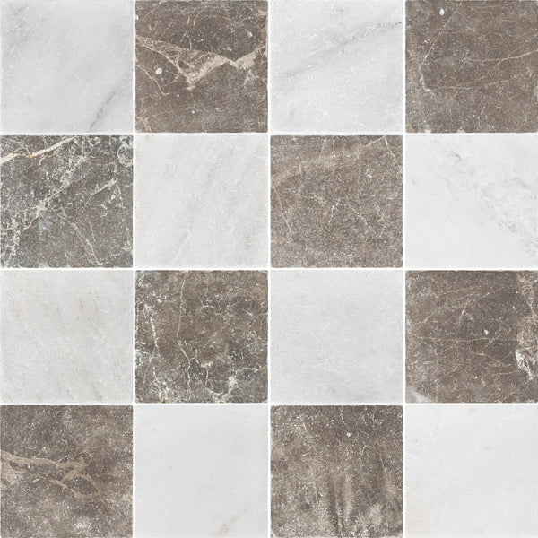 Pearl White & Espresso 4" Checkerboard Tumbled