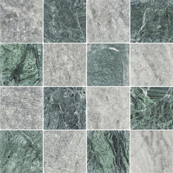 Bardiglio Nuvolato & Notte Verde 4" Checkerboard Tumbled