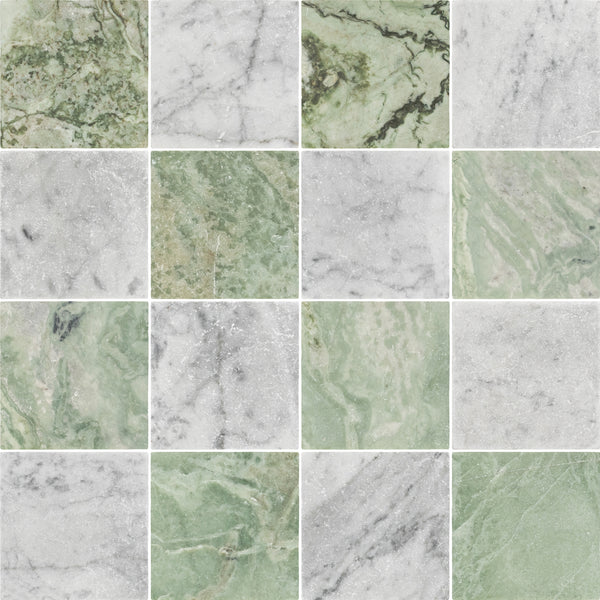 Emerald Green & Bianco Carrara 4" Checkerboard Tumbled