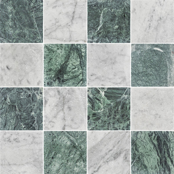 Notte Verde & Bianco Carrara 4" Checkerboard Tumbled