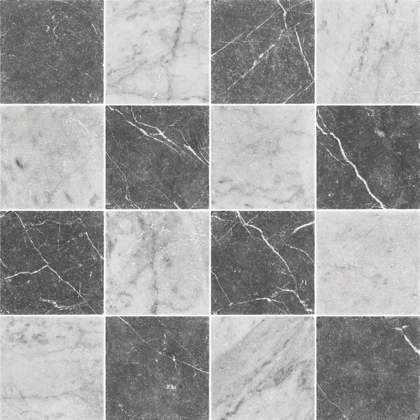 Black Marble & Bianco Carrara 4" Checkerboard Tumbled