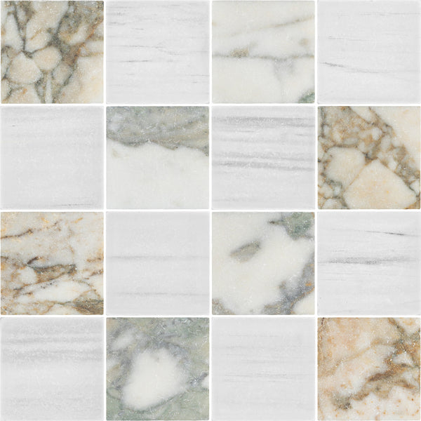 Calacatta Green & Dolomite 4" Checkerboard Soft Tumbled