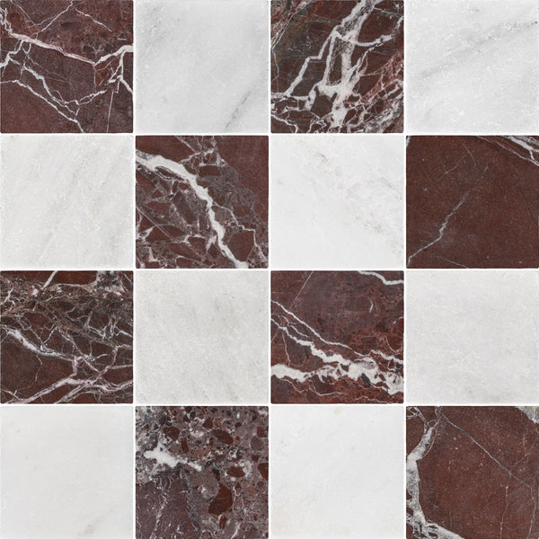 Rosso Levanto & Pearl White 4" Checkerboard Soft Tumbled